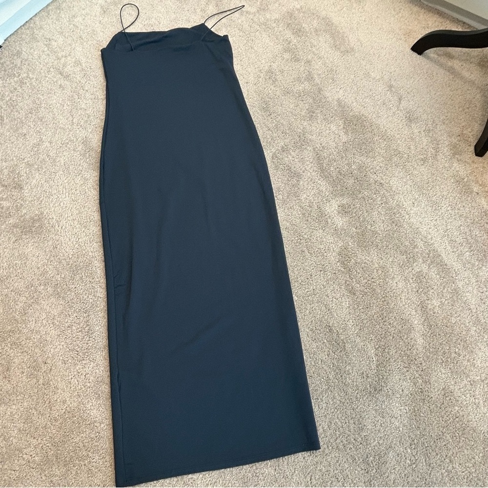 Zara dark Slate blue stretchy elastic bodycon midi tube dress spaghetti strap L - Picture 3 of 13